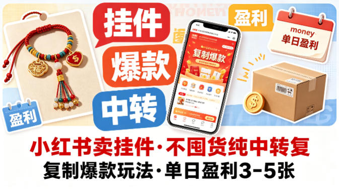 小红书卖挂件，不囤货纯中转复制爆款玩法，单日盈利3-5张-百盟网