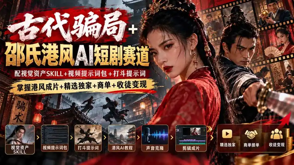 古代骗局+邵氏港风AI短剧赛道:配视觉资产SKILL+视频提示词包+打斗提示词,掌握港风成片+精选独家+商单+收徒变现 古代骗局+邵氏港风AI短剧赛道:配视觉资产SKILL+视频提示词包+打斗提示词,掌握港风成片+精选独家+商单+收徒变现