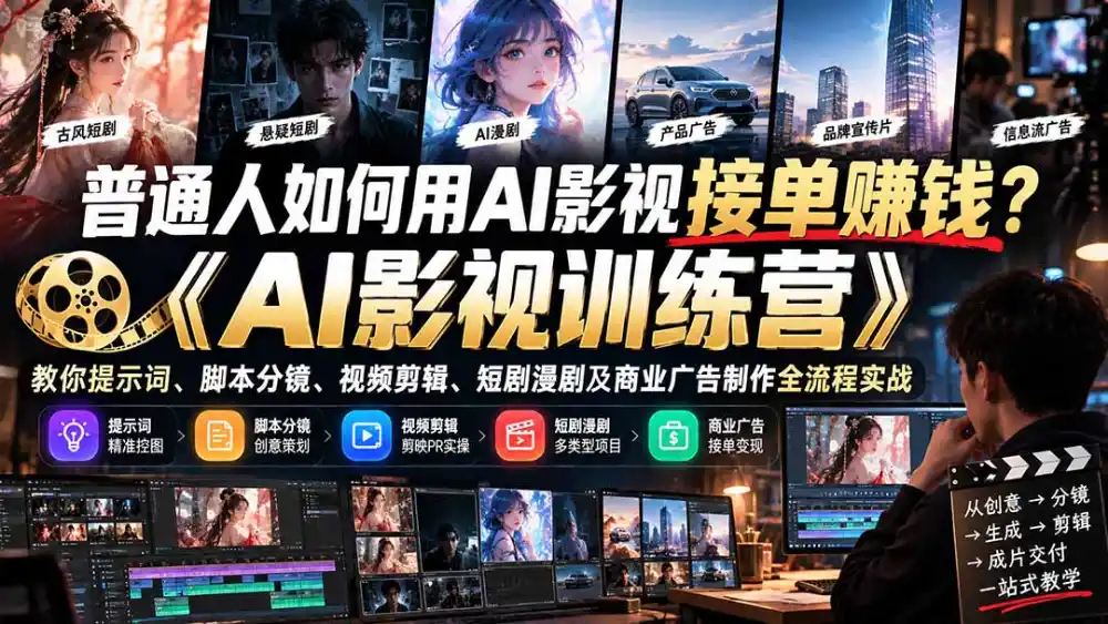 普通人如何用AI影视接单赚钱？《AI影视训练营》教你提示词、脚本分镜、视频剪辑、短剧漫剧及商业广告制作全流程实战-百盟网