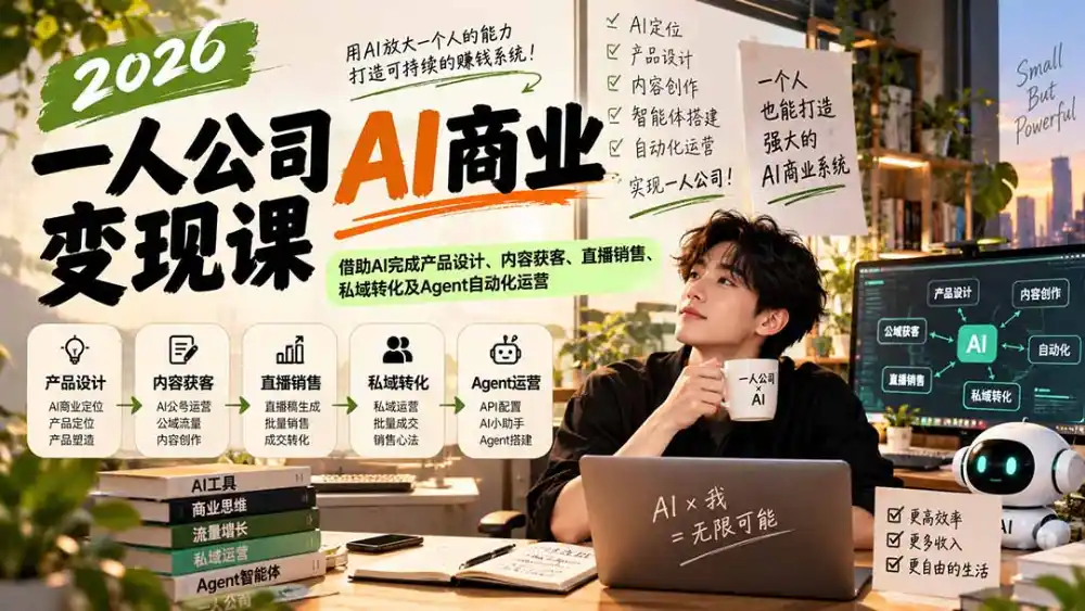 2026一人公司AI商业变现课：借助AI完成产品设计、内容获客、直播销售、私域转化及Agent自动化运营-百盟网