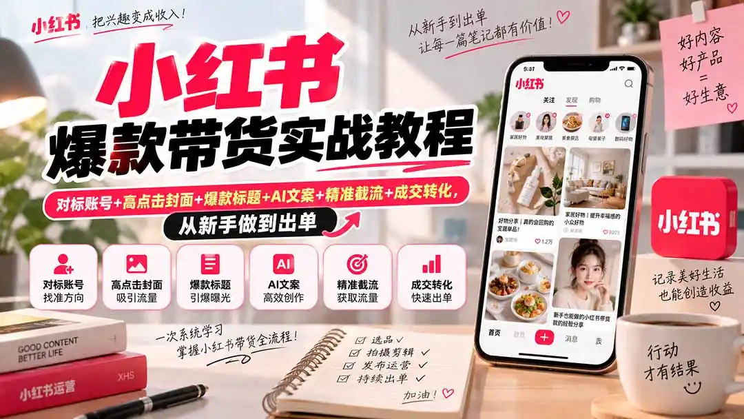 小红书爆款带货实战教程|对标账号+高点击封面+爆款标题+AI文案+精准截流+成交转化,从新手做到出单-百盟网