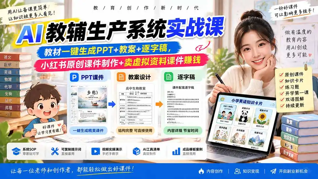 AI教辅生产系统实战课-更新0926|教材一键生成PPT+教案+逐字稿,小红书原创课件制作+卖虚拟资料课件赚钱 AI教辅生产系统实战课-更新0926|教材一键生成PPT+教案+逐字稿,小红书原创课件制作+卖虚拟资料课件赚钱