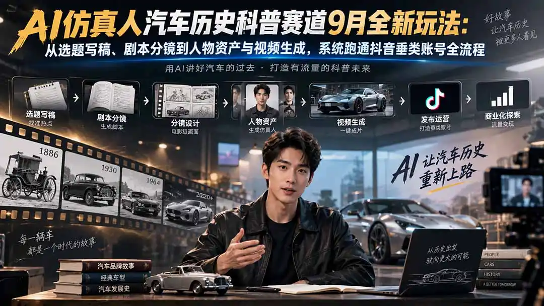 AI仿真人汽车历史科普赛道9月全新玩法:从选题写稿、剧本分镜到人物资产与视频生成,系统跑通抖音垂类账号全流程-百盟网