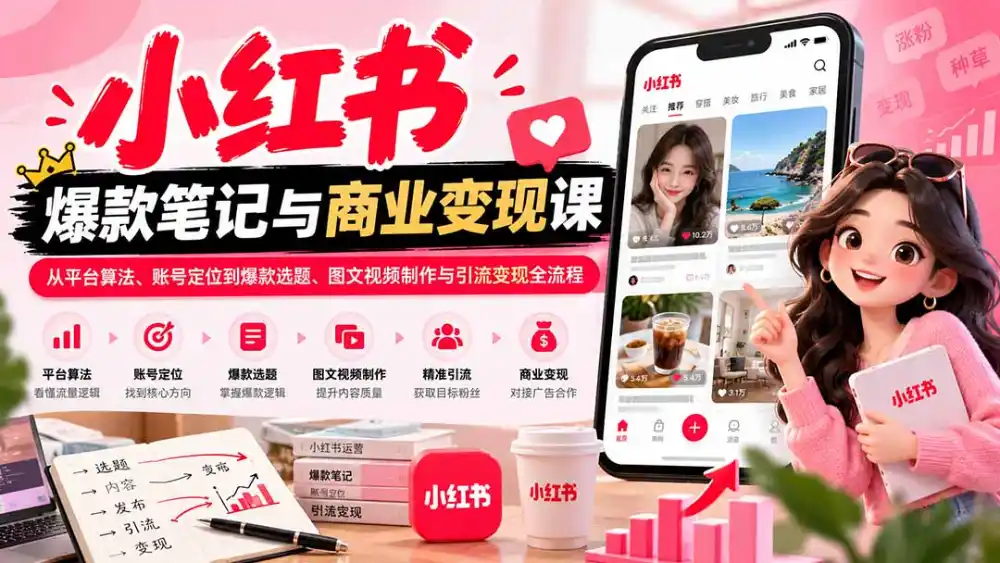 2026小红书爆款笔记与商业变现课：从平台算法、账号定位到爆款选题、图文视频制作与引流变现全流程-百盟网