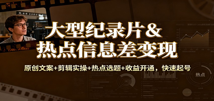大型纪录片&热点信息差变现：原创文案+剪辑实操+热点选题+收益开通，快速起号-百创网