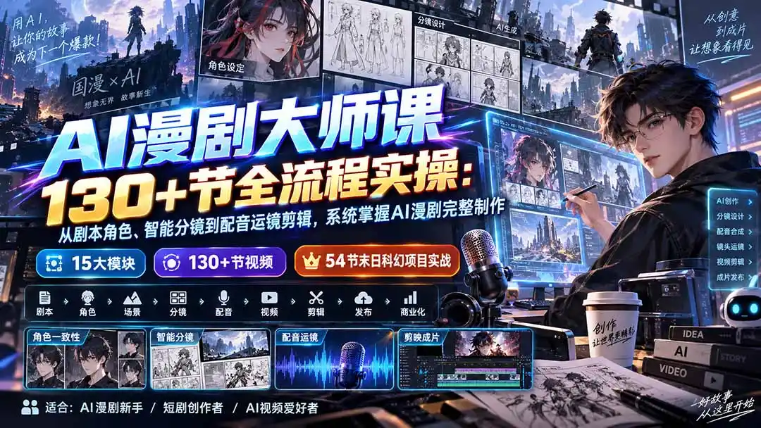 AI漫剧大师课130+节全流程实操:从剧本角色、智能分镜到配音运镜剪辑,系统掌握AI漫剧完整制作-百盟网
