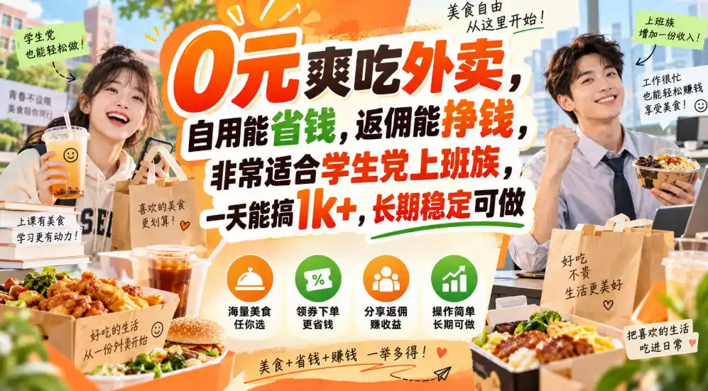 0元爽吃外卖，自用能省钱，返佣能挣钱，非常适合学生党上班族，一天能搞1k+，长期稳定可做-百盟网