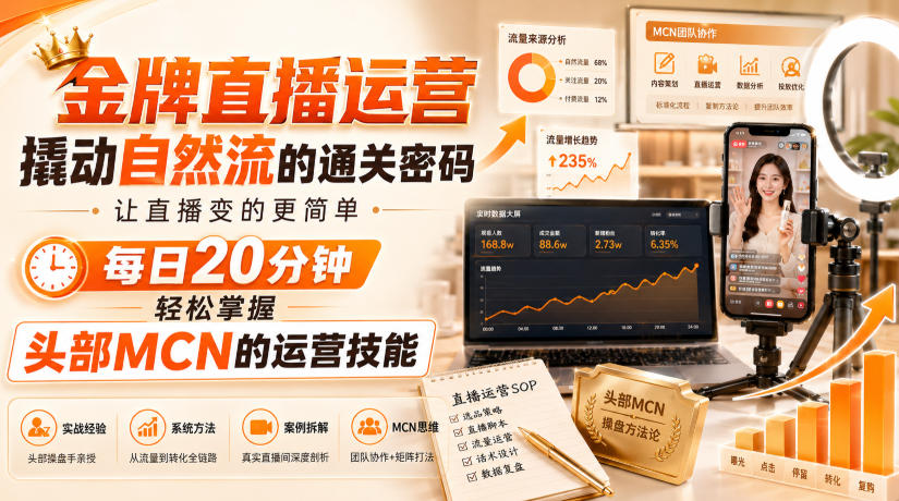 金牌直播运营撬动自然流的通关密码，让直播变的更简单，每日20分钟，轻松掌握头部MCN的运营技能-百盟网